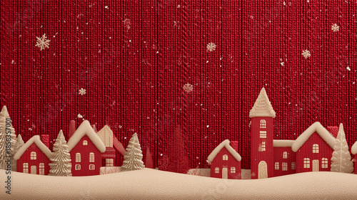 赤いニット地に雪が舞い下辺に白い家並みが連なる冬の背景、人物なし