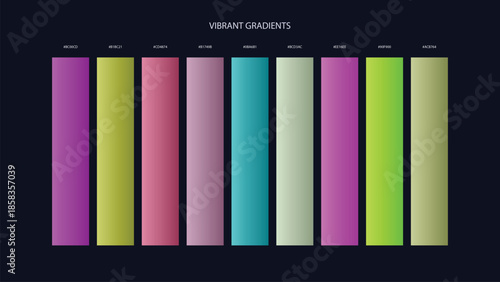 Vibrant Gradient Color Palette Swatches with HEX Codes for UI and Branding on Dark Background