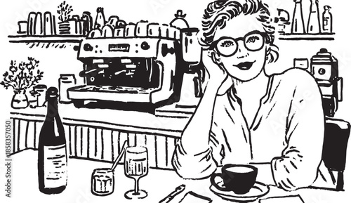 Woman sitting at a cafe table enjoying coffee. Vintage black and white vector illustration with a simple outline style, showcasing a relaxed dining scene.