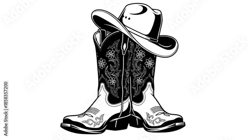 A black and white illustration of a pair of cowboy boots with a cowboy hat resting on top.