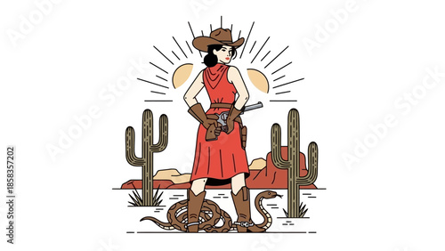 A vintage-style illustration of a cowgirl standing confidently in a desert landscape with cacti and a rattlesnake at her feet.