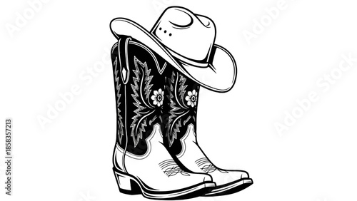 Schilderij op canvas A classic black and white illustration of a cowboy hat resting on top of a pair of ornate cowboy boots
