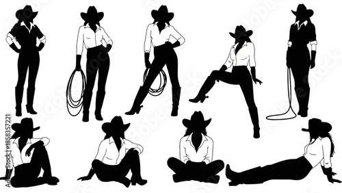 Collection of diverse silhouette illustrations of cowgirls in various dynamic poses, showcasing Western attire and accessories.