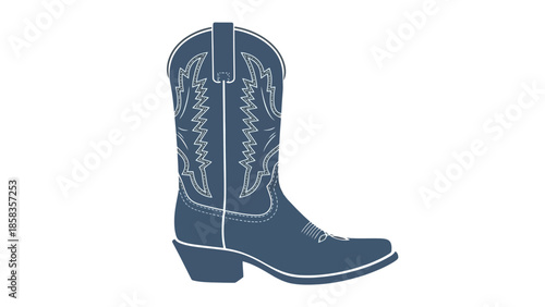 A detailed illustration of a classic blue cowboy boot with intricate stitching on a white background.