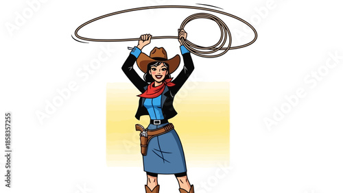 A cartoon illustration of a cowgirl in a blue shirt and skirt, holding a lasso above her head, ready to swing it.
