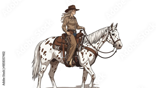 A blonde woman in a cowboy hat and outfit rides a spotted horse with a saddle and bridle.