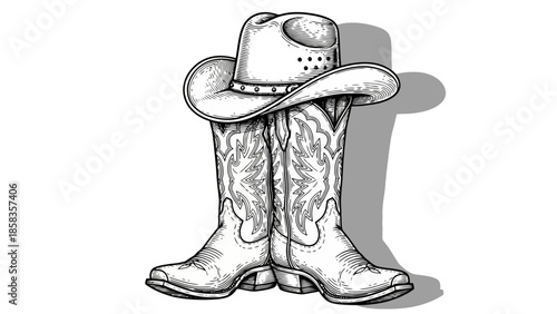 A detailed black and white sketch of a cowboy hat resting on top of a pair of cowboy boots.