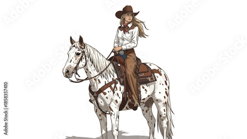 A blonde cowgirl in a white shirt and brown chaps rides a spotted horse.
