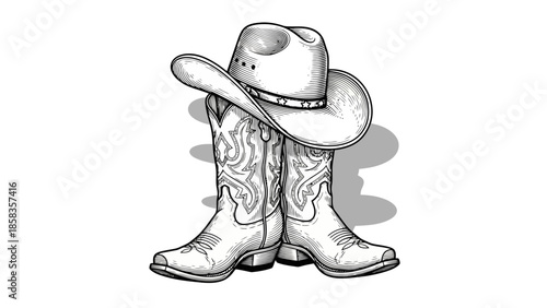 A detailed black and white illustration of a cowboy hat resting on a pair of ornate cowboy boots.