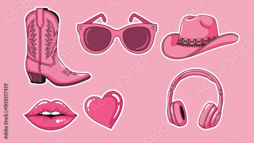 A collection of pink accessories including a cowboy boot, sunglasses, a cowboy hat, lips, a heart, and headphones, all set against a pink background.