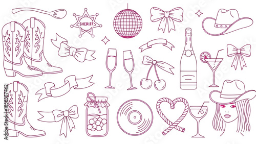 A collection of hand-drawn illustrations featuring country-western and party-themed elements like cowboy boots, hats, disco ball, champagne, and cocktails.