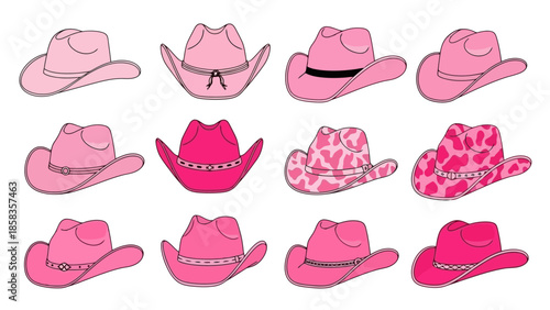 A collection of twelve pink cowboy hats with various designs and embellishments.