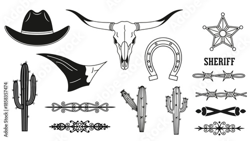 A collection of Western-themed illustrations including a cowboy hat, longhorn skull, horseshoe, sheriff badge, cacti, and decorative elements.