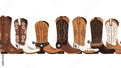 A row of various cowboy boots with intricate stitching and designs, showcasing different styles and colors.