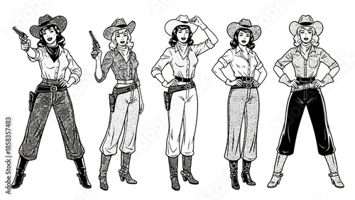 Five women in cowboy attire, some holding pistols, striking confident poses in a vintage illustration style.