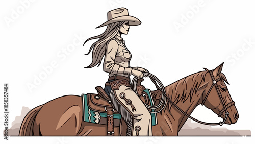 A detailed illustration of a cowgirl riding a horse, showcasing traditional Western attire and a serene expression.