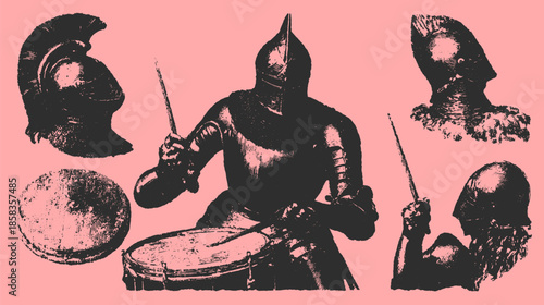 Knight drumming in vintage style. Black and white vector illustration set of music and armor elements.
