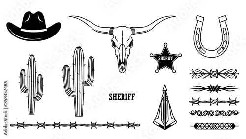 A collection of black and white illustrations of Western-themed elements, including a cowboy hat, cacti, a longhorn skull, a sheriff's badge, a horseshoe, and barbed wire.