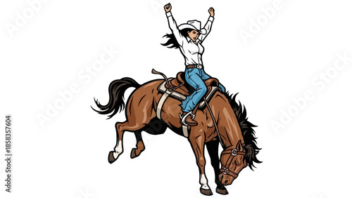 A cowgirl in a white hat and blue jeans rides a bucking bronco with her arms raised in victory.