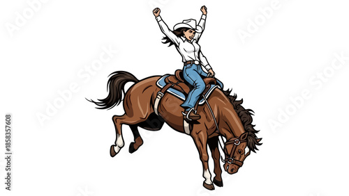 Illustration of a cowgirl successfully riding a bucking bronco with her arms raised in victory.