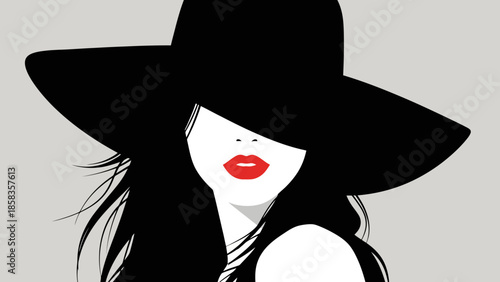 A striking minimalist illustration of a woman wearing a wide-brimmed black hat and bright red lipstick, with her face partially obscured.