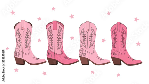 Four pink cowboy boots in a row with pink stars in the background.