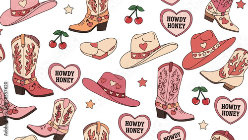 A vibrant and playful pattern featuring cowboy boots, hats, cherries, and hearts with the phrase "Howdy Honey".