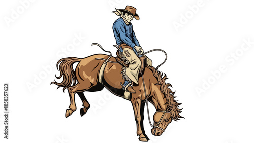 A cowboy riding a bucking bronco horse in a rodeo event, illustration.