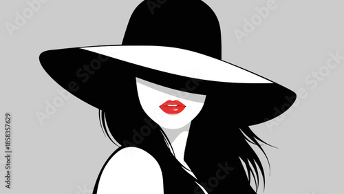 A stylized illustration of a woman wearing a wide-brimmed black and white hat with red lips visible.