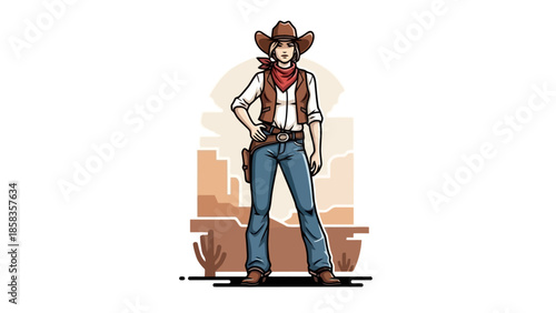 A determined cowgirl stands confidently in a desert landscape with a city skyline in the background.