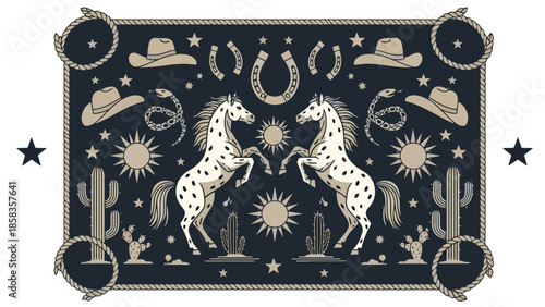 A detailed illustration of a western-themed tapestry featuring two spotted horses rearing up amidst cacti, cowboy hats, horseshoes, and sun motifs.