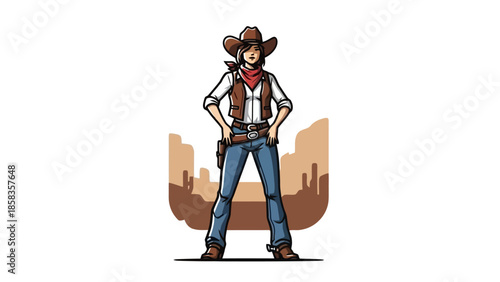 A confident cowgirl stands with hands on hips in front of a desert landscape.