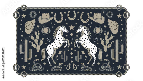 A vintage-style illustration of two spotted horses rearing up amidst a desert landscape with cowboy hats, cacti, and snakes.