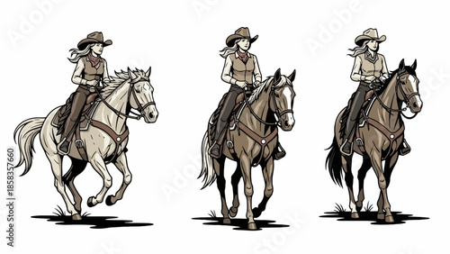 Three cowgirls in western attire riding horses in different gaits.