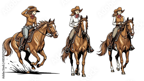 Three illustrations of cowgirls riding horses in different poses, showcasing equestrian skills and Western attire.