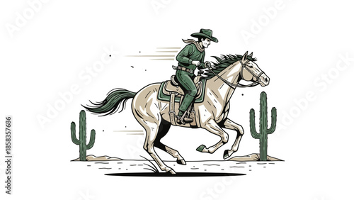 A cowgirl in a cowboy hat rides a galloping horse through a desert landscape with saguaro cacti.