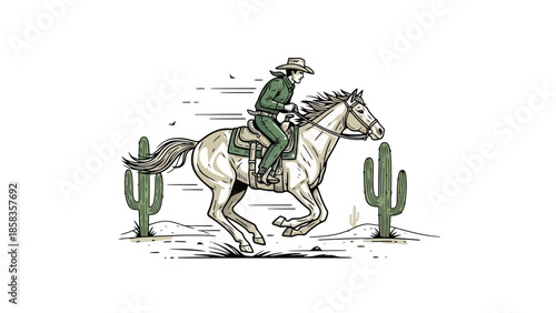 A cowboy rides a horse through a desert landscape with cacti and dust clouds.