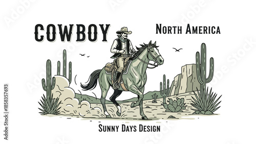Illustration of a cowboy riding a horse through a desert landscape with cacti and mountains, "Cowboy North America" text above.