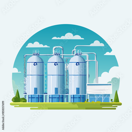 Modern industrial facility with large storage tanks and pipes