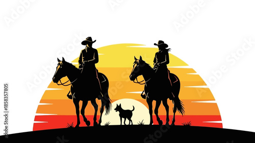 Tableau sur toile Two cowboys and a dog silhouetted against a vibrant sunset on a hill