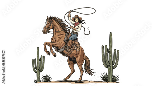 A cowgirl on a rearing horse in a desert landscape with saguaro cacti.