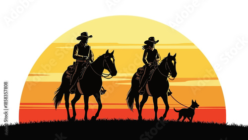 Silhouette of two cowboys and a dog on horseback against a vibrant sunset sky.