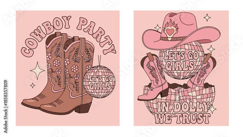 Aesthetic pink cowboy party graphics featuring cowboy boots, disco balls, and country music-inspired text.