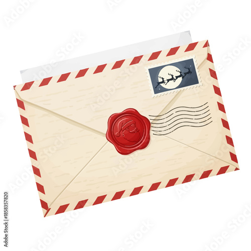 An old-fashioned, textured envelope with red and white striped edges, a red wax seal, and a postage stamp depicting Santa's sleigh.