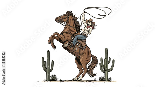 A skilled cowgirl expertly swings a lasso while riding a bucking horse in a desert landscape with saguaro cacti.