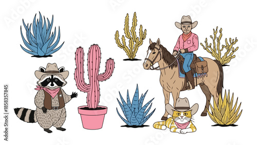 A whimsical illustration featuring a cowboy raccoon, a cowboy cat, and a cowboy on a horse surrounded by various desert plants and cacti.