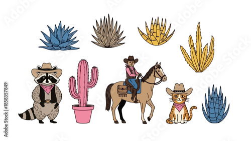 A whimsical collection of desert-themed illustrations featuring a cowboy raccoon, a cat in a cowboy hat, a cowgirl on horseback, and various cacti and desert plants.