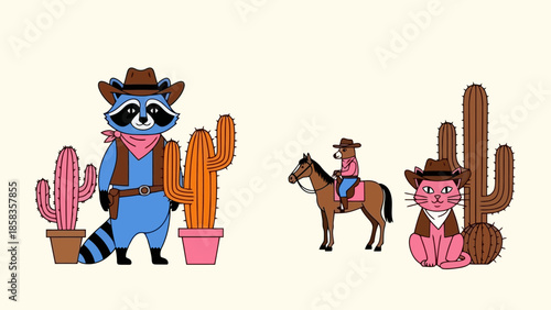 Cartoon illustration of a raccoon, a person on a horse, and a cat, all dressed as cowboys, with cacti.