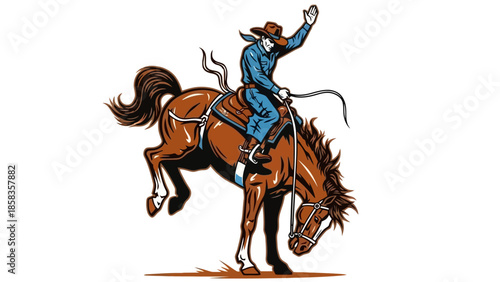 Illustration of a cowboy riding a bucking bronco horse with a lasso in the air.