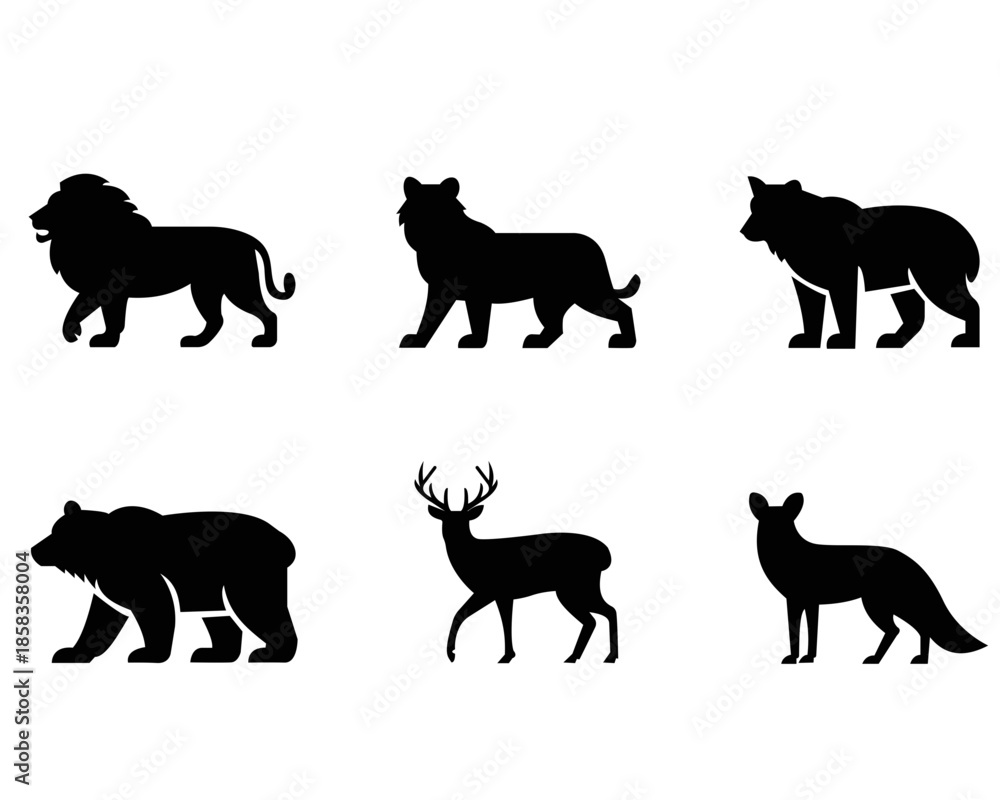 Fototapeta premium Wild Animal Silhouettes Set – Lion, Bear, Deer, Fox Black Vector Icons